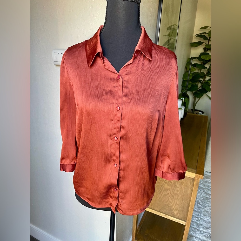 Monteau mid sleeve button up satin like blouse in color Rust - size small